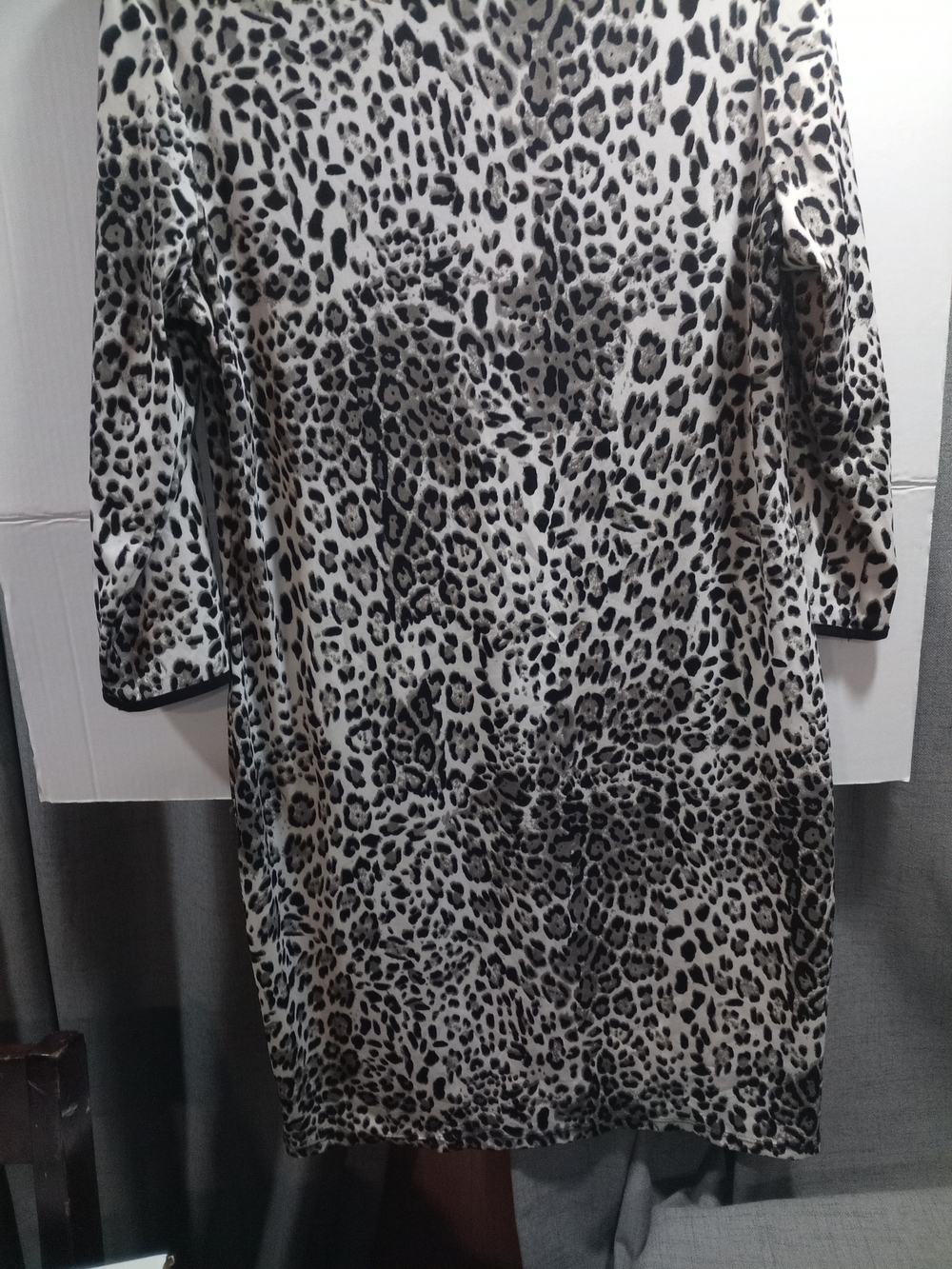 Long Sleeve Leopard Print Shift Dress in Black & White